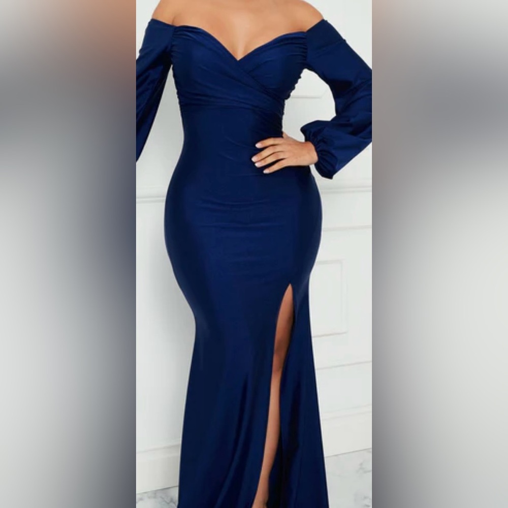 Fashion Nova Blue Off-Shoulder Slit Gown